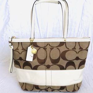 Coach khaki signature stripe tote